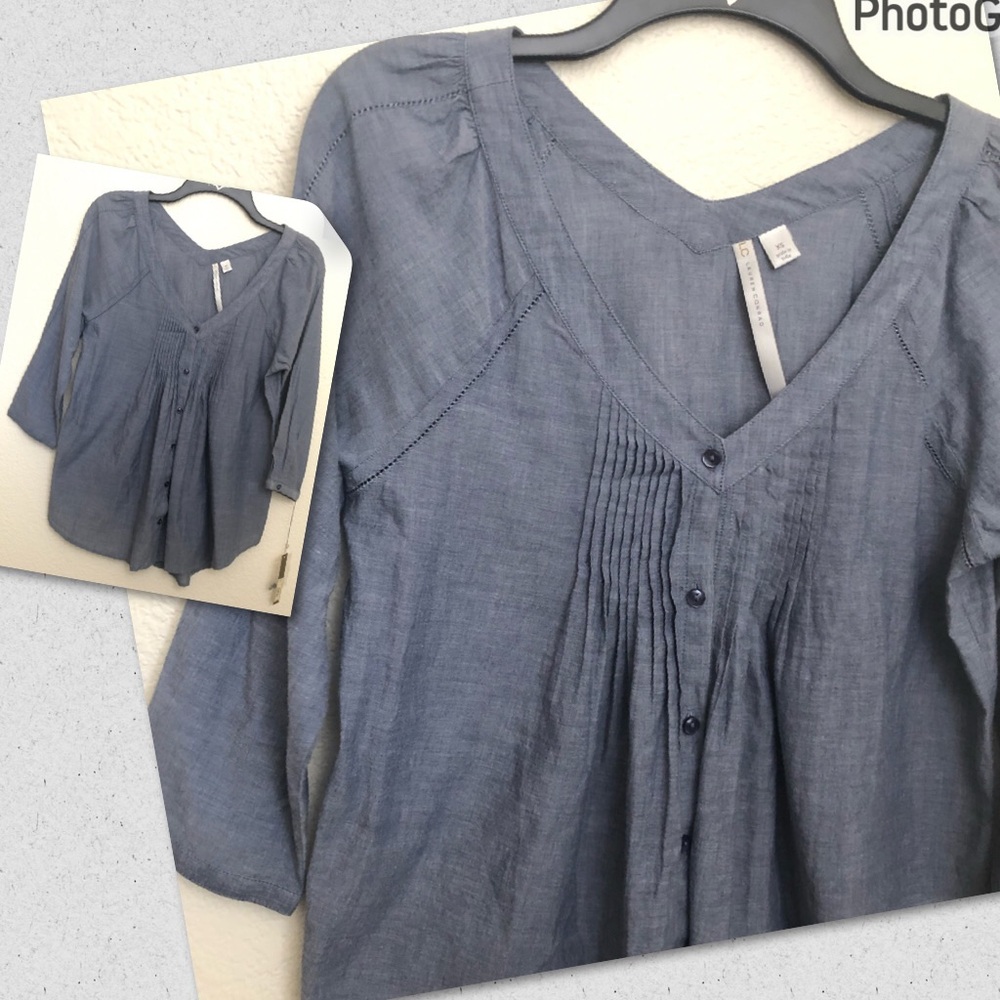 LAUREN CONRAD Womens XS V-Neck Blue Chambray 3/4 Sleeve Blouse Shirt NWT $44
